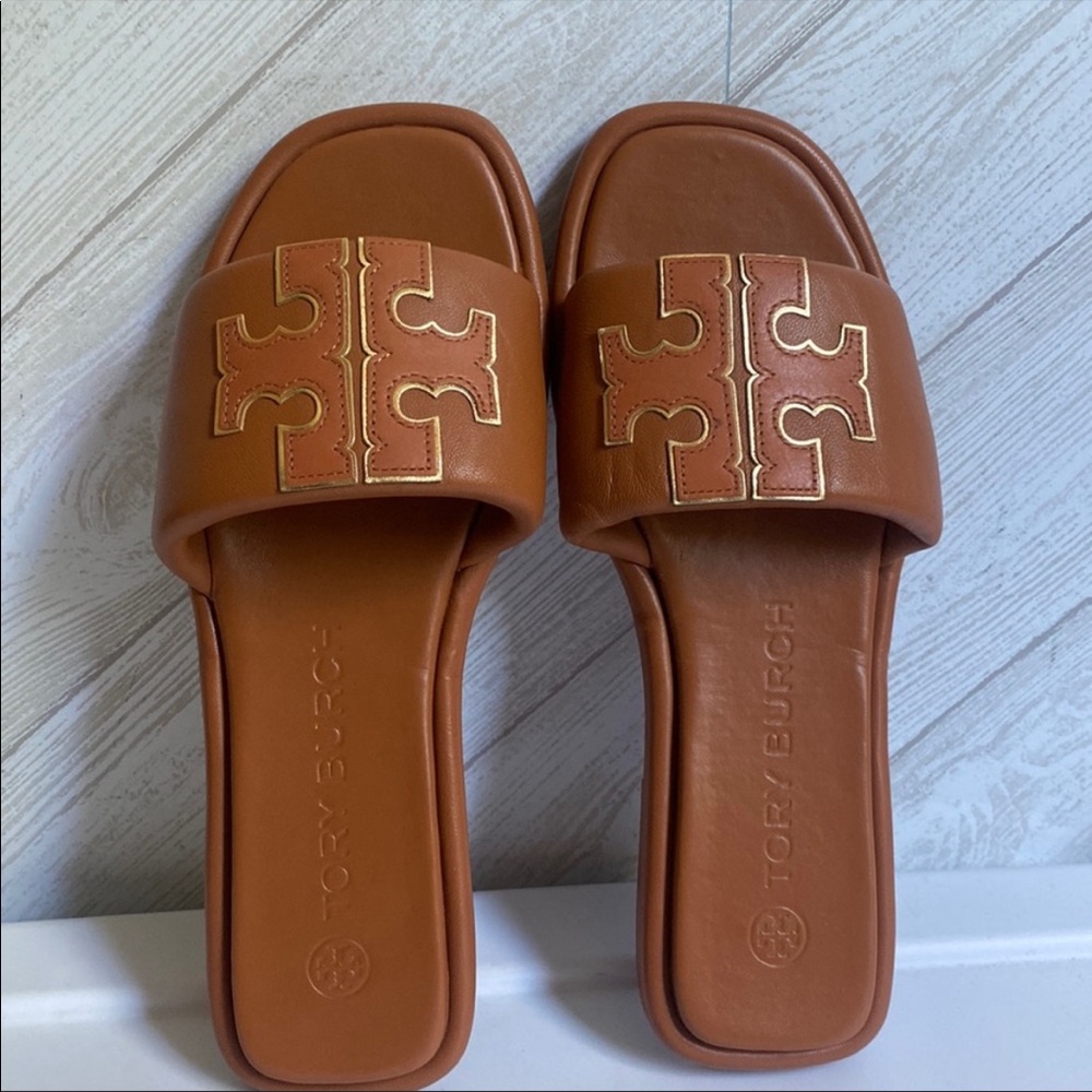 Tory Burch Double T Sport Slide Sandals 7.5 Miele/gold